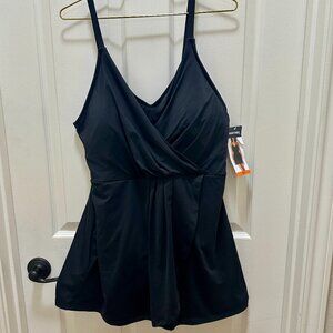Lands' End Women's One Piece Swimsuit XXL Black Tulip Wrap Swim Dress Feminine